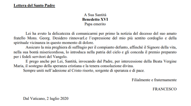 Lettera Papa Francesco-mons. Ratzinger